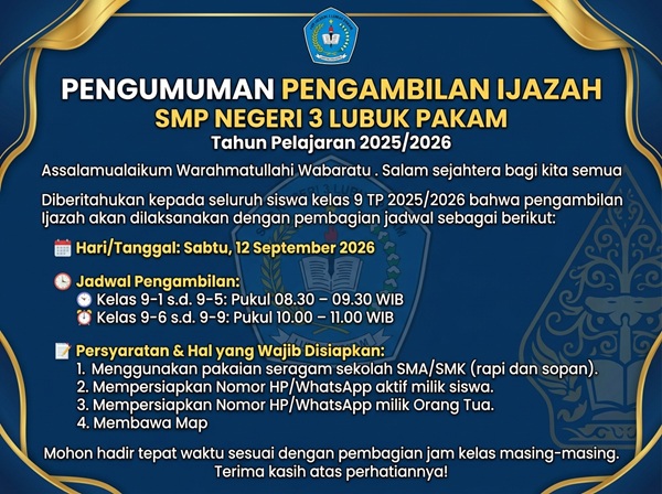 Penguman Pengambilan Ijazah Siswa Kelas 9 TP 2025/2026